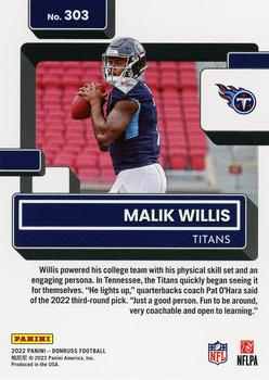 2022 Donruss #303 Malik Willis Back