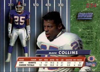 1992 Ultra #274 Mark Collins Back