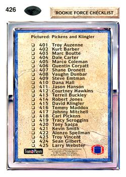 1992 Upper Deck #426 Rookie Force Checklist (Carl Pickens / David Klingler) Back
