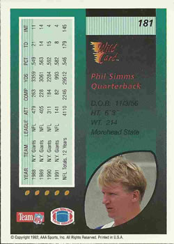 1992 Wild Card #181 Phil Simms Back