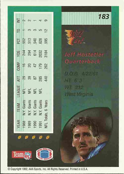 1992 Wild Card #183 Jeff Hostetler Back