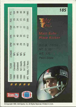 1992 Wild Card #185 Matt Bahr Back