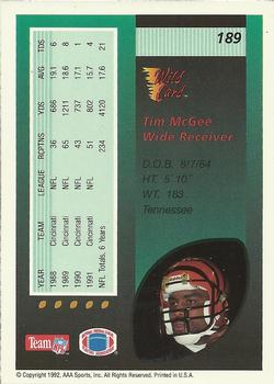 1992 Wild Card #189 Tim McGee Back