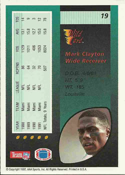 1992 Wild Card #19 Mark Clayton Back