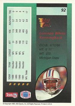 1992 Wild Card #92 Lorenzo White Back