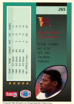 1992 Wild Card #265 Mark Collins Back