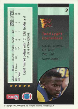 1992 Wild Card #9 Todd Lyght Back