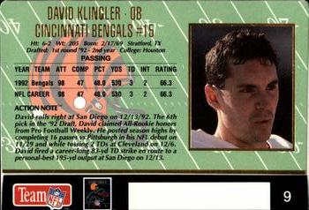 1993 Action Packed #9 David Klingler Back