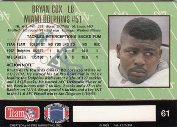 1993 Action Packed #61 Bryan Cox Back