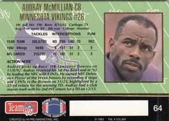 1993 Action Packed #64 Audray McMillian Back