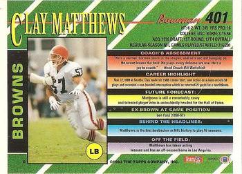 1993 Bowman #401 Clay Matthews Back