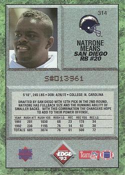 1993 Collector's Edge #314 Natrone Means Back