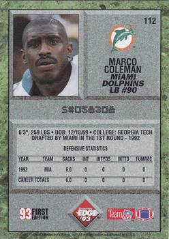 1993 Collector's Edge #112 Marco Coleman Back