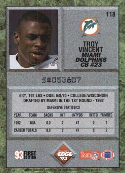 1993 Collector's Edge #118 Troy Vincent Back
