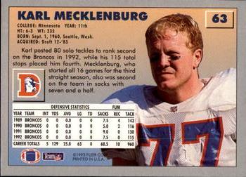 1993 Fleer #63 Karl Mecklenburg Back