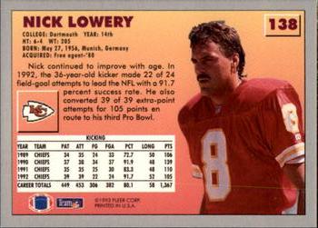 1993 Fleer #138 Nick Lowery Back