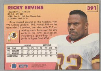 1993 Fleer #391 Ricky Ervins Back