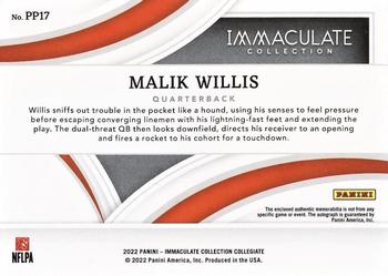 2022 Panini Immaculate Collection Collegiate - Premium Patches Rookie Autographs Gold #PP17 Malik Willis Back