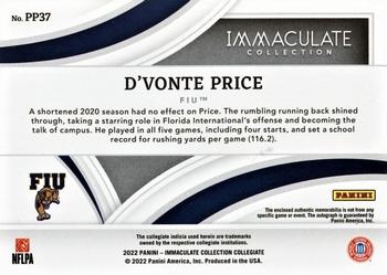 2022 Panini Immaculate Collection Collegiate - Premium Patches Rookie Autographs Gold #PP37 D'Vonte Price Back
