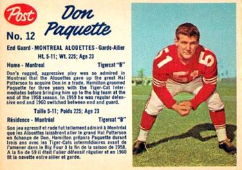 1962 Post Cereal CFL #12 Don Paquette Front