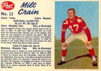 1962 Post Cereal CFL #13 Milt Crain Front
