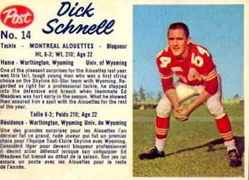 1962 Post Cereal CFL #14 Dick Schnell Front