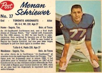 1962 Post Cereal CFL #37 Menan Schriewer Front