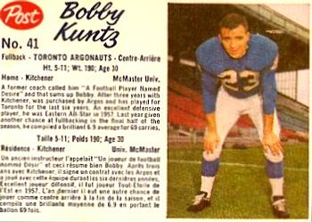 1962 Post Cereal CFL #41 Bobby Kuntz Front