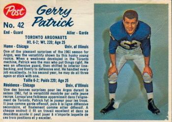1962 Post Cereal CFL #42 Gerry Patrick Front
