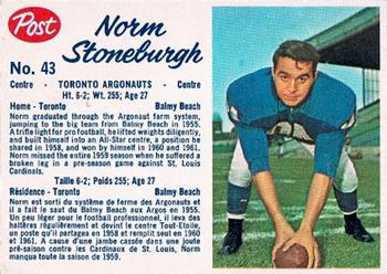1962 Post Cereal CFL #43 Norm Stoneburgh Front