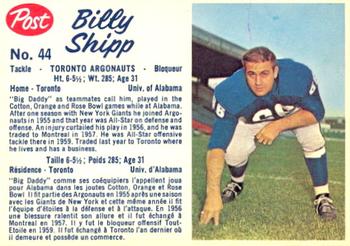1962 Post Cereal CFL #44 Billy Shipp Front