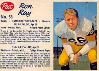 1962 Post Cereal CFL #58 Ron Ray Front