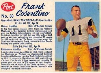 1962 Post Cereal CFL #60 Frank Cosentino Front