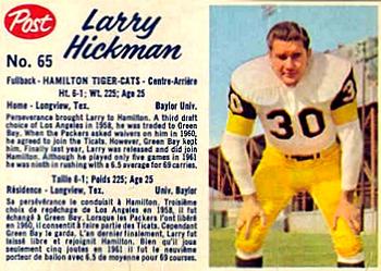 1962 Post Cereal CFL #65 Larry Hickman Front