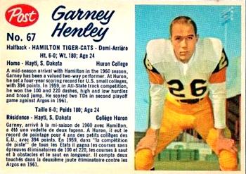 1962 Post Cereal CFL #67 Garney Henley Front