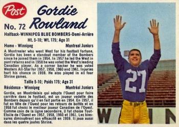 1962 Post Cereal CFL #72 Gordie Rowland Front