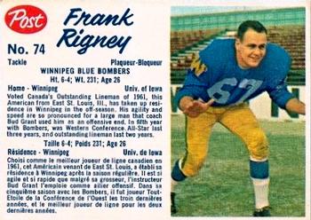 1962 Post Cereal CFL #74 Frank Rigney Front