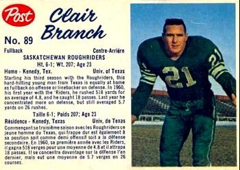1962 Post Cereal CFL #89 Clair Branch Front