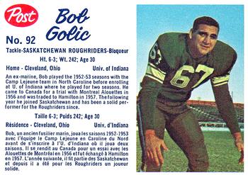 1962 Post Cereal CFL #92 Bob Golic Front