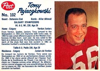 1962 Post Cereal CFL #102 Tony Pajaczkowski Front