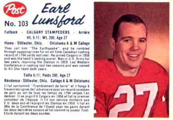 1962 Post Cereal CFL #103 Earl Lunsford Front