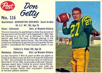 1962 Post Cereal CFL #116 Don Getty Front