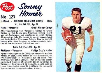 1962 Post Cereal CFL #123 Sonny Homer Front