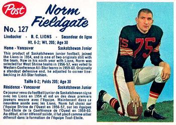 1962 Post Cereal CFL #127 Norm Fieldgate Front