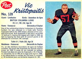 1962 Post Cereal CFL #128 Vic Kristopaitis Front