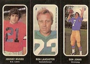 1972 O-Pee-Chee CFL - Trio Stickers #1 2 3 Johnny Musso / Ron Lancaster / Don Jonas Front