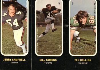 1972 O-Pee-Chee CFL - Trio Stickers #4 5 6 Jerry Campbell / Bill Symons / Ted Collins Front