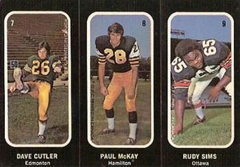1972 O-Pee-Chee CFL - Trio Stickers #7 8 9 Dave Cutler / Paul McKay / Rudy Sims Front