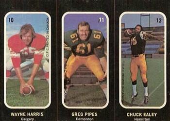 1972 O-Pee-Chee CFL - Trio Stickers #10 11 12 Wayne Harris / Greg Pipes / Chuck Ealey Front