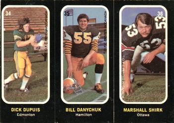 1972 O-Pee-Chee CFL - Trio Stickers #34 35 36 Dick Dupuis / Bill Danychuk / Marshall Shirk Front